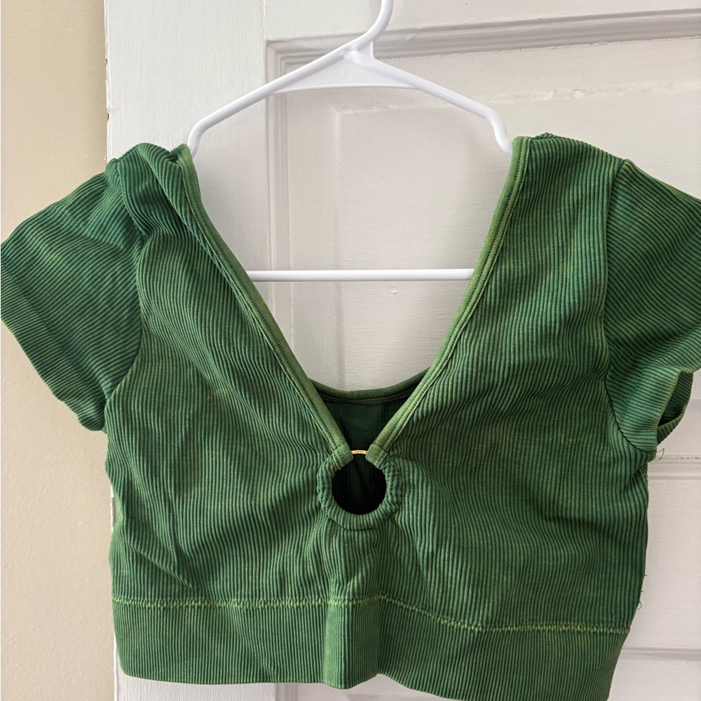Aerie Green Crop Blouse with Cap Sleeves